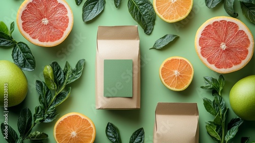 Biodegradable food packaging with green eco-friendly label, surrounded by fresh fruits, minimalist style, soft natural lighting, pastel tones, eco-conscious design photo