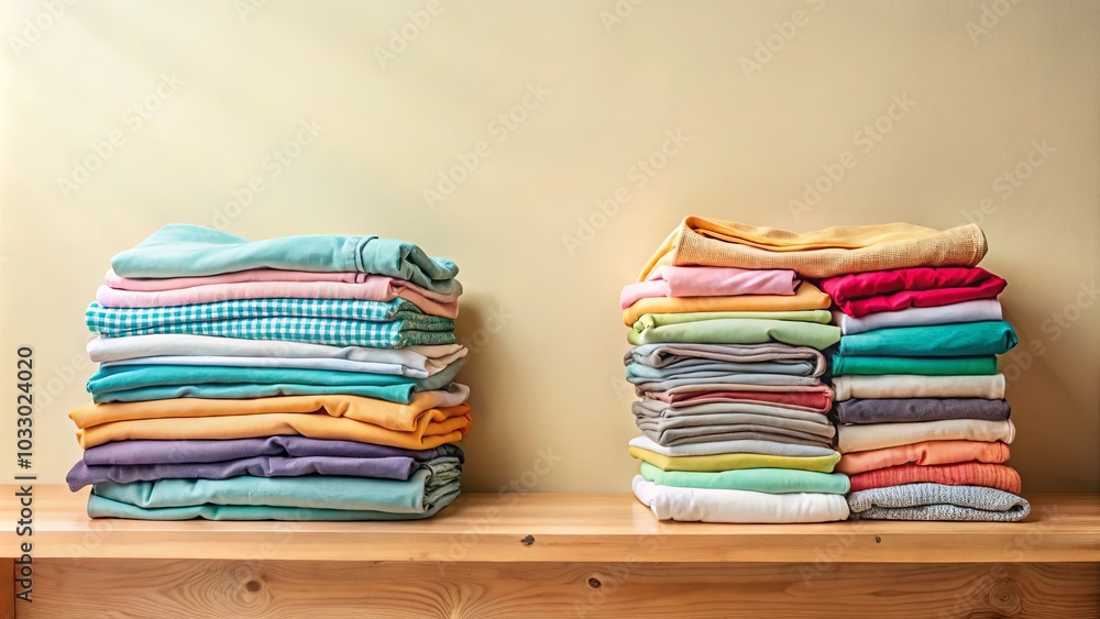 Two stacks of folded clothing, neatly arranged on a wooden shelf, showcasing a vibrant spectrum of colors, highlighting the essence of organized domesticity. Two stacks of folded clothing, neatly arranged on a wooden shelf, showcasing a vibrant spectrum of colors, highlighting the essence of organized domesticity.