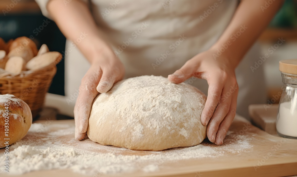 Hands kneading dough on a floured surface, Generative AI Hands kneading dough on a floured surface, Generative AI