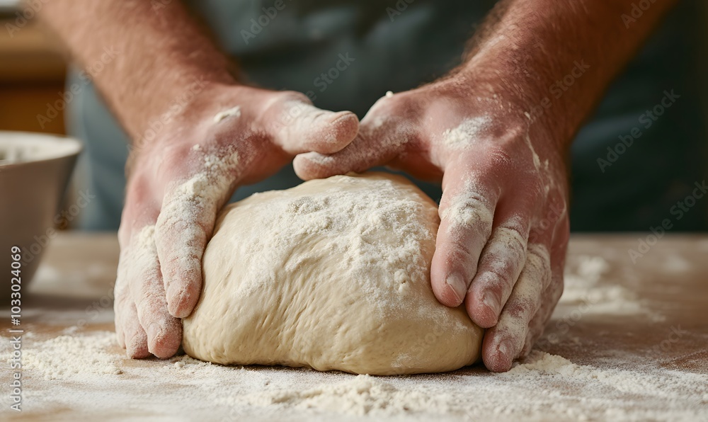 Hands kneading dough on a floured surface, Generative AI Hands kneading dough on a floured surface, Generative AI