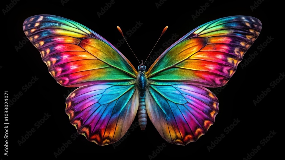 A vibrant butterfly with iridescent wings, showcasing a spectrum of colors against a stark black background. A vibrant butterfly with iridescent wings, showcasing a spectrum of colors against a stark black background.