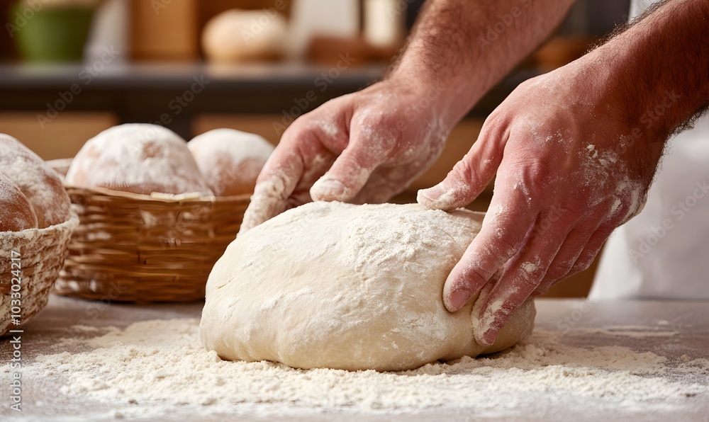 Hands kneading dough on a floured surface, Generative AI Hands kneading dough on a floured surface, Generative AI