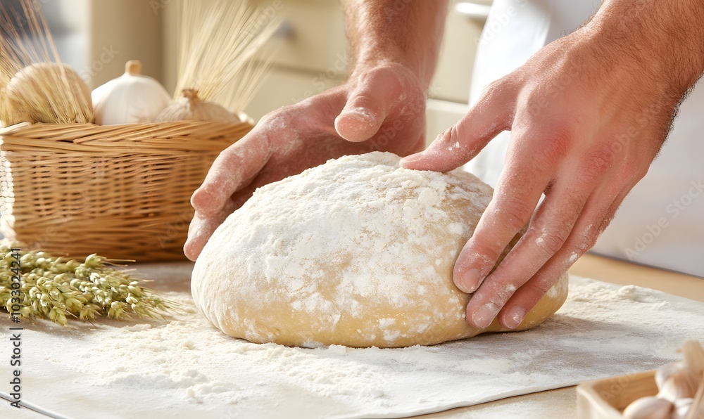 Hands kneading dough on a floured surface, Generative AI Hands kneading dough on a floured surface, Generative AI