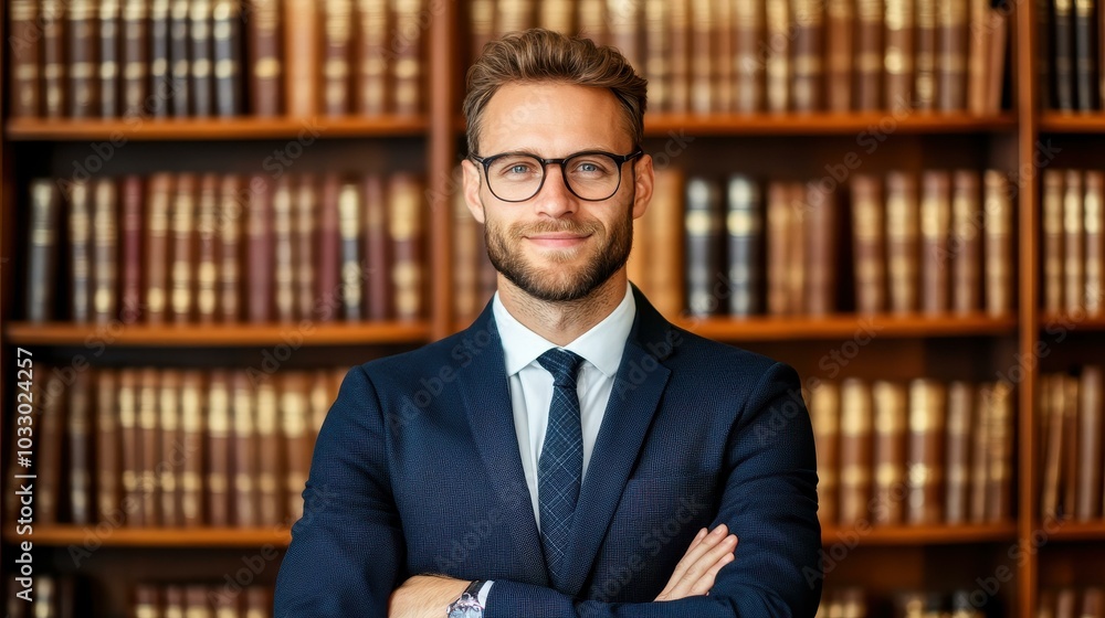 Fototapeta premium Confident lawyer in sharp attire finetuning their suit, exuding legal expertise in a classic library environment.