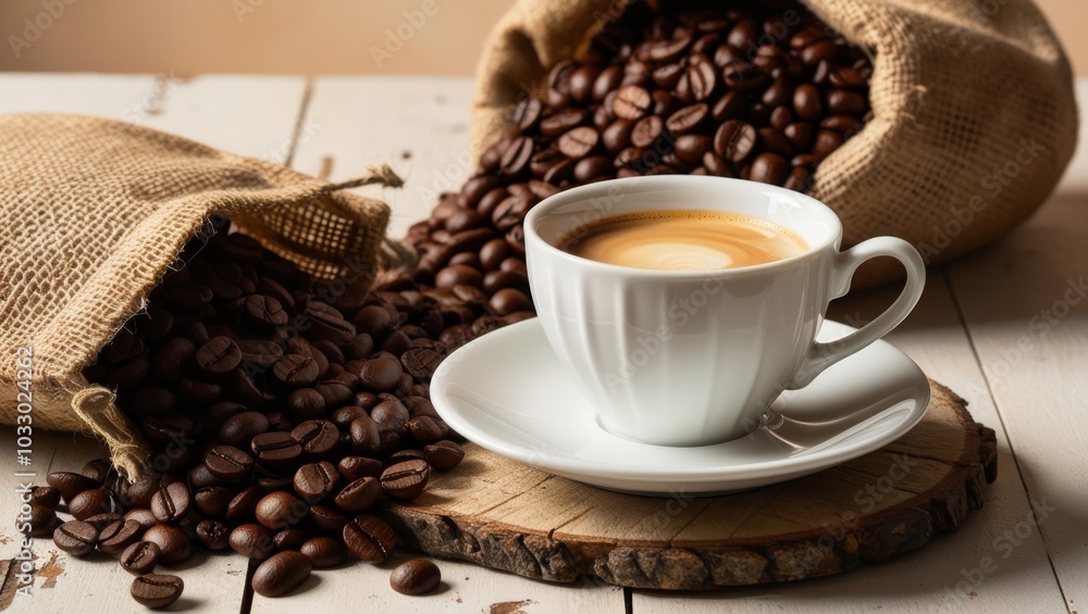 Espresso in a white cup surrounded by roasted coffee beans spilling out of a rustic burlap bag Espresso in a white cup surrounded by roasted coffee beans spilling out of a rustic burlap bag