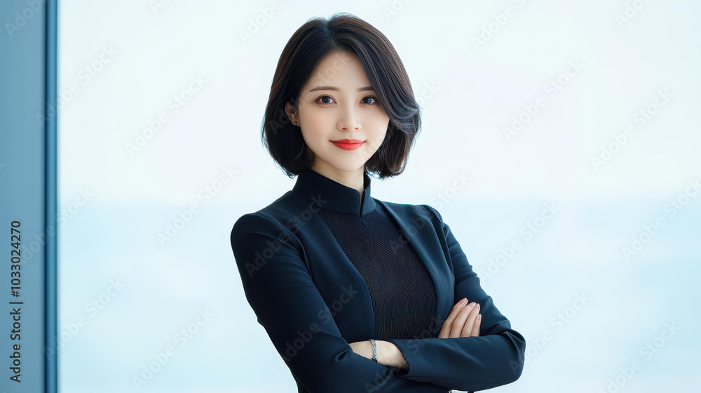 A poised Asian businesswoman exudes confidence in a sleek office, showcasing her leadership and professional acumen.
