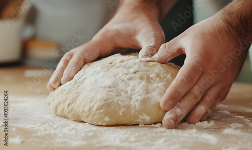 Hands kneading dough on a floured surface, Generative AI