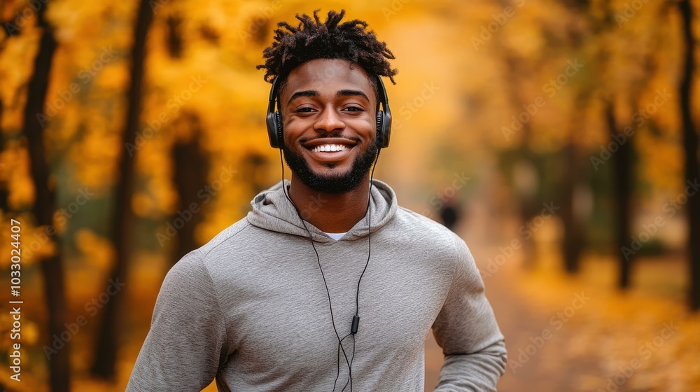 Obraz premium A joyful man jogs through a vibrant autumn park, headphones on, embracing fitness and mental wellbeing amidst fall colors.
