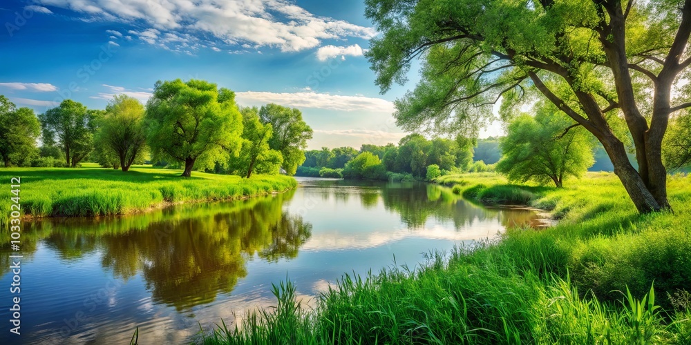 Obraz premium Tranquil river flowing through a verdant landscape, framed by majestic trees and a sky adorned with fluffy clouds.