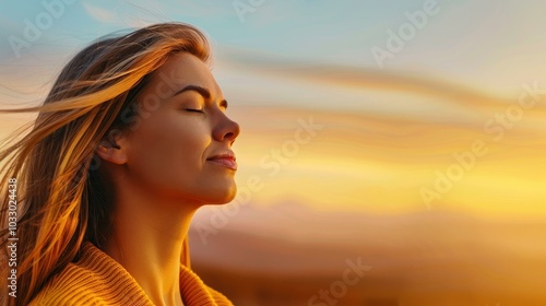 A serene young woman basks in the sunset glow, enjoying the breeze and finding bliss in the moment.