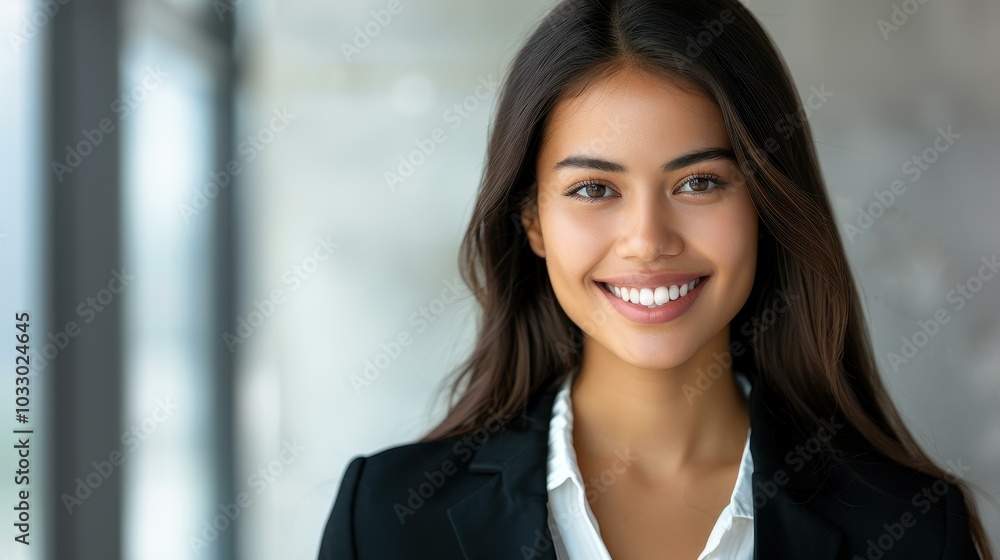 A joyful Asian woman in a sharp black suit, radiating positivity as she works in a professional office setting. A joyful Asian woman in a sharp black suit, radiating positivity as she works in a professional office setting.