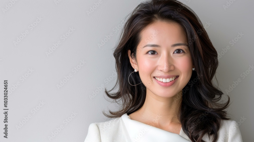 Confident Asian business woman in a beige suit smiles while working on her laptop, exuding professionalism and joy. Confident Asian business woman in a beige suit smiles while working on her laptop, exuding professionalism and joy.