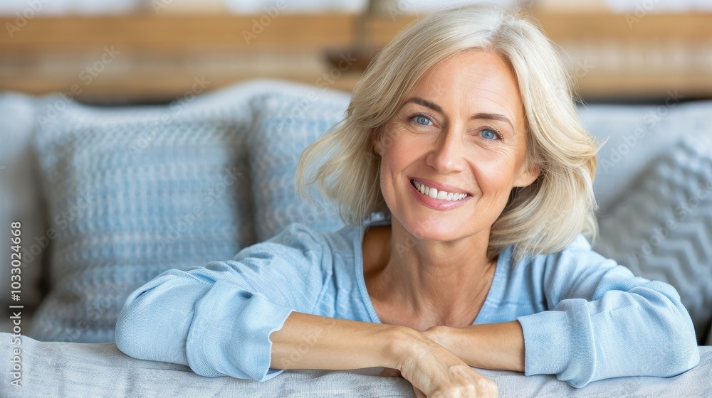 A cheerful middleaged woman relaxes on her couch, embodying the joy of a cozy, modern living space in her golden years. A cheerful middleaged woman relaxes on her couch, embodying the joy of a cozy, modern living space in her golden years.