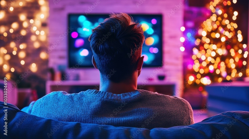 A young man enjoys a relaxed evening at home, watching a movie on the couch, embraced by soft, warm lighting. A young man enjoys a relaxed evening at home, watching a movie on the couch, embraced by soft, warm lighting.