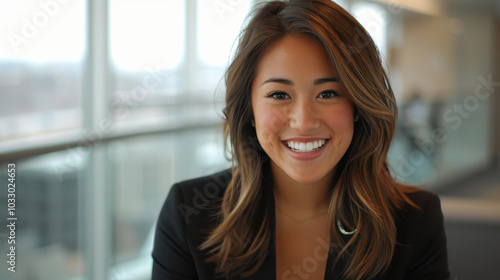 A joyful Asian woman in a sharp black suit, radiating positivity as she works in a professional office setting.