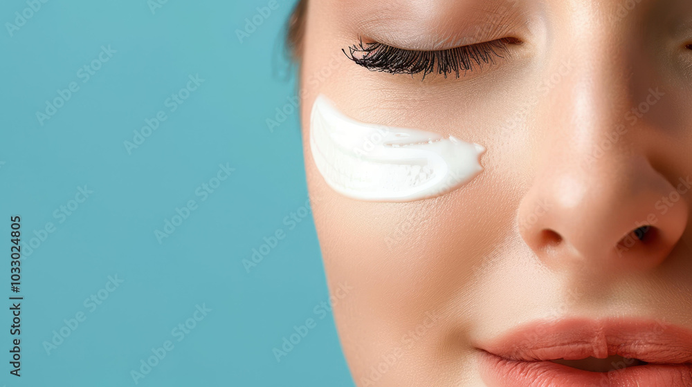 A woman applies facial cream against a vibrant blue backdrop, showcasing a perfect beauty skincare routine. A woman applies facial cream against a vibrant blue backdrop, showcasing a perfect beauty skincare routine.