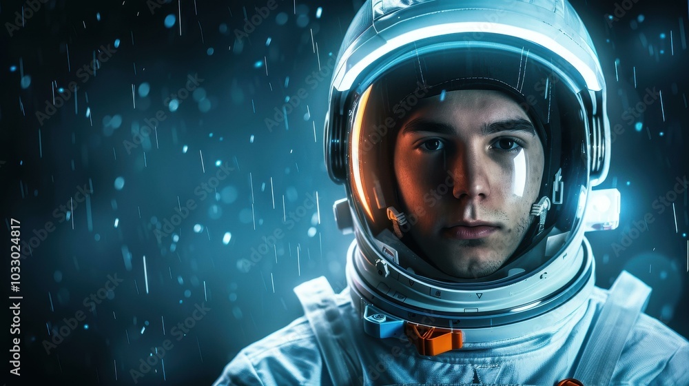 A striking closeup of a male astronaut in a helmet, illuminated against a dark, rainy backdrop, symbolizing space exploration. A striking closeup of a male astronaut in a helmet, illuminated against a dark, rainy backdrop, symbolizing space exploration.