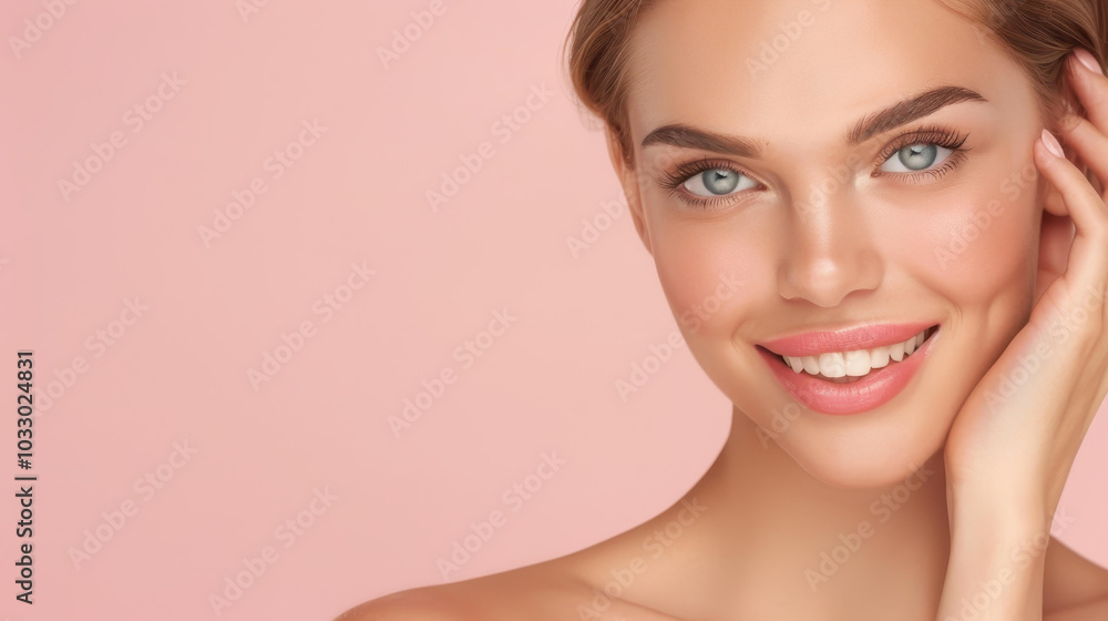 A vibrant closeup of a joyful young woman, radiating charm and freshness against a playful pink backdrop. A vibrant closeup of a joyful young woman, radiating charm and freshness against a playful pink backdrop.