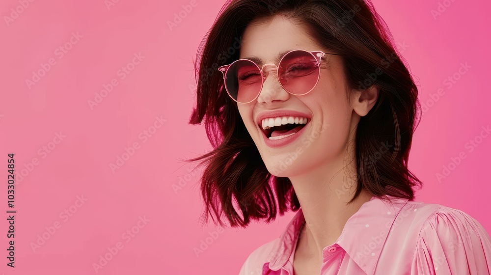 A vibrant portrait of a joyful woman with a bright smile, sporting a pink blouse and sunglasses against a vivid pink backdrop. A vibrant portrait of a joyful woman with a bright smile, sporting a pink blouse and sunglasses against a vivid pink backdrop.