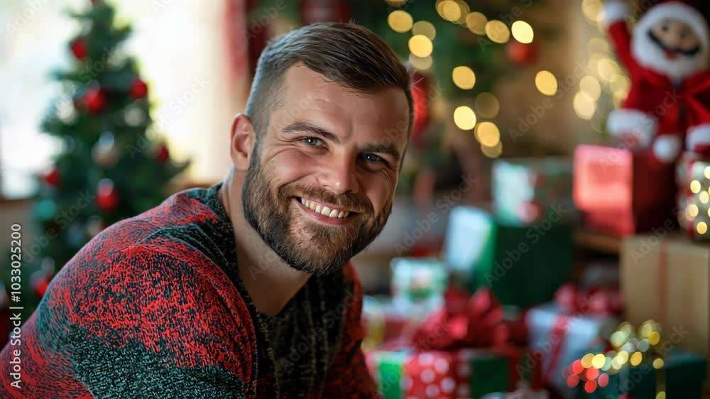 happy man smiling at home with Christmas tree full of gift boxes happy man smiling at home with Christmas tree full of gift boxes