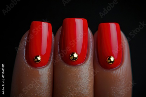 Close-up of Three Fingers with Red Nail Polish and Gold Accents photo