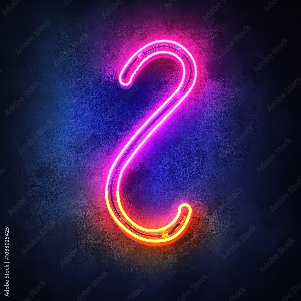 Fototapeta premium Neon S Shape Sign: Vibrant Pink and Orange Glowing Neon Letter S on Dark Blue Background 