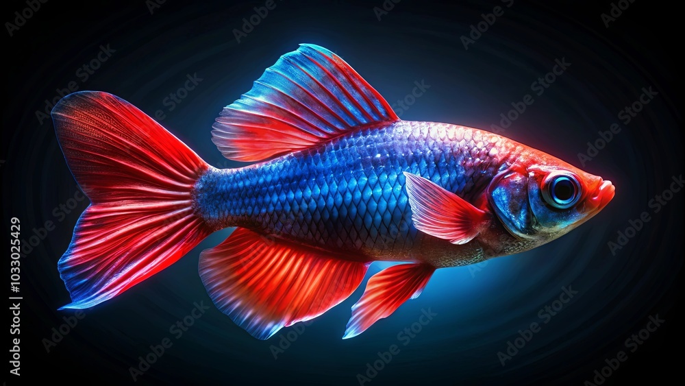 A vibrant fish with scales shimmering in shades of blue and red, showcasing the intricate details of its anatomy against a deep, dark backdrop. A vibrant fish with scales shimmering in shades of blue and red, showcasing the intricate details of its anatomy against a deep, dark backdrop.