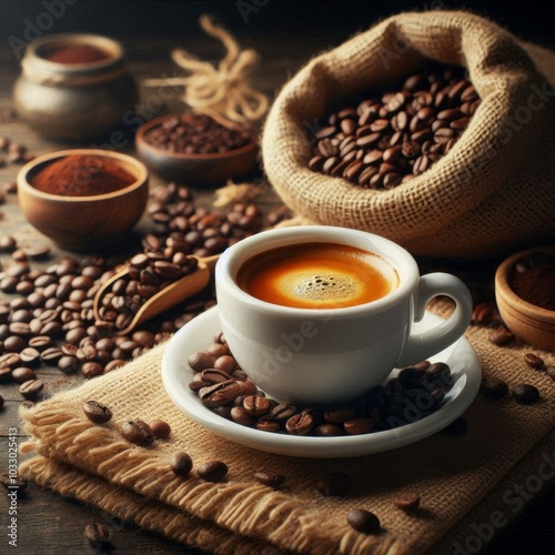 Espresso in a white cup surrounded by roasted coffee beans spilling out of a rustic burlap bag