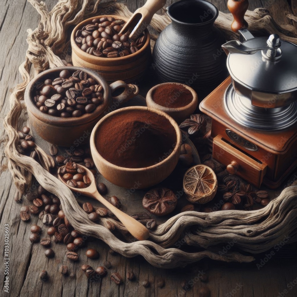 Four varieties of coffee beans and ground coffee arranged on weathered driftwood, ready to brew Four varieties of coffee beans and ground coffee arranged on weathered driftwood, ready to brew