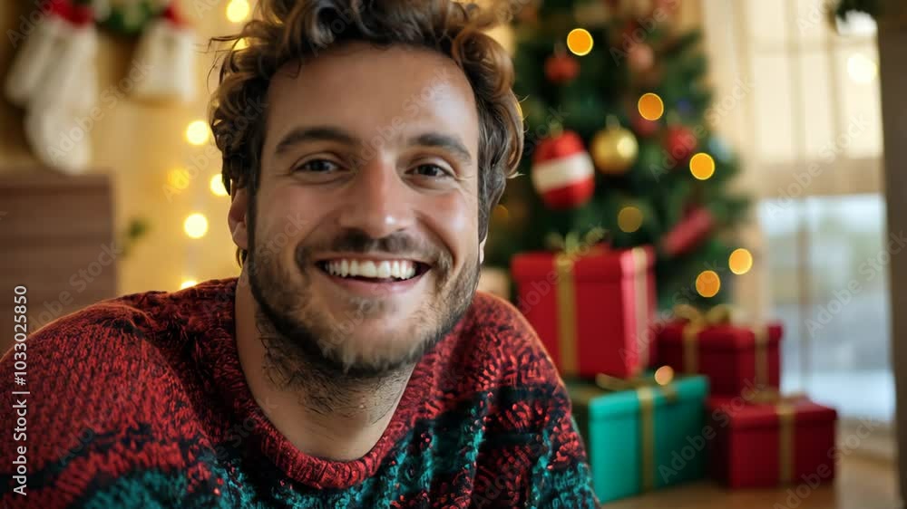 happy man smiling at home with Christmas tree full of gift boxes happy man smiling at home with Christmas tree full of gift boxes