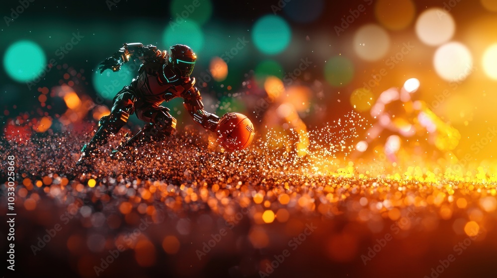 Dynamic robot basketball player in a vibrant blurry background capturing the essence of action and motion in sports photography Dynamic robot basketball player in a vibrant blurry background capturing the essence of action and motion in sports photography
