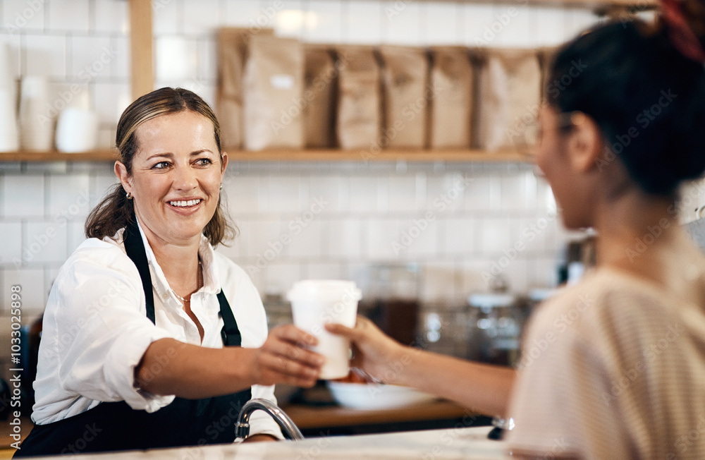 Coffee shop, giving and waitress with customer for drink, caffeine beverage and cappuccino in cafe. Small business, espresso and woman with barista for service buying in restaurant, store and diner Coffee shop, giving and waitress with customer for drink, caffeine beverage and cappuccino in cafe. Small business, espresso and woman with barista for service buying in restaurant, store and diner