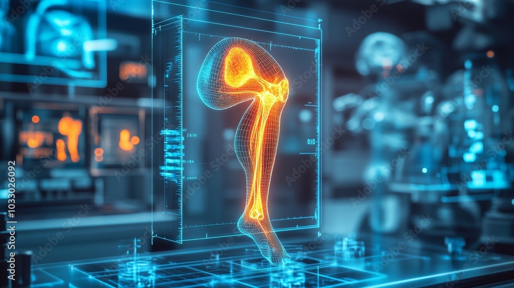 High-tech medical hologram of a knee injury with neon implants and futuristic support systems, treating osteoarthritis in a sleek, advanced med facility High-tech medical hologram of a knee injury with neon implants and futuristic support systems, treating osteoarthritis in a sleek, advanced med facility