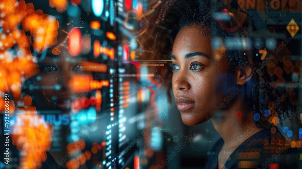 digital collage of team members working together in an office, surrounded by holographic screens displaying data and AI applications. digital collage of team members working together in an office, surrounded by holographic screens displaying data and AI applications.
