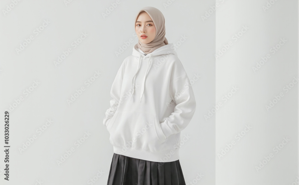 Fototapeta premium A woman wearing a light beige hijab and an oversized white hoodie with her hands in the front pockets. The outfit is paired with a black skirt, and the background is minimalistic and bright