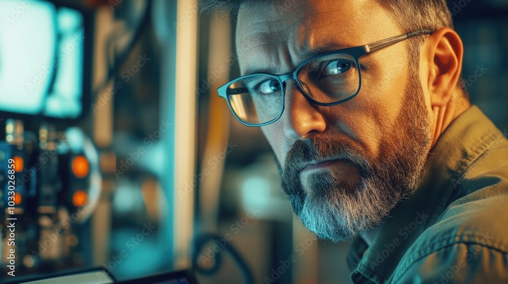 Bearded Man in Glasses Looking Intently at Monitor Bearded Man in Glasses Looking Intently at Monitor