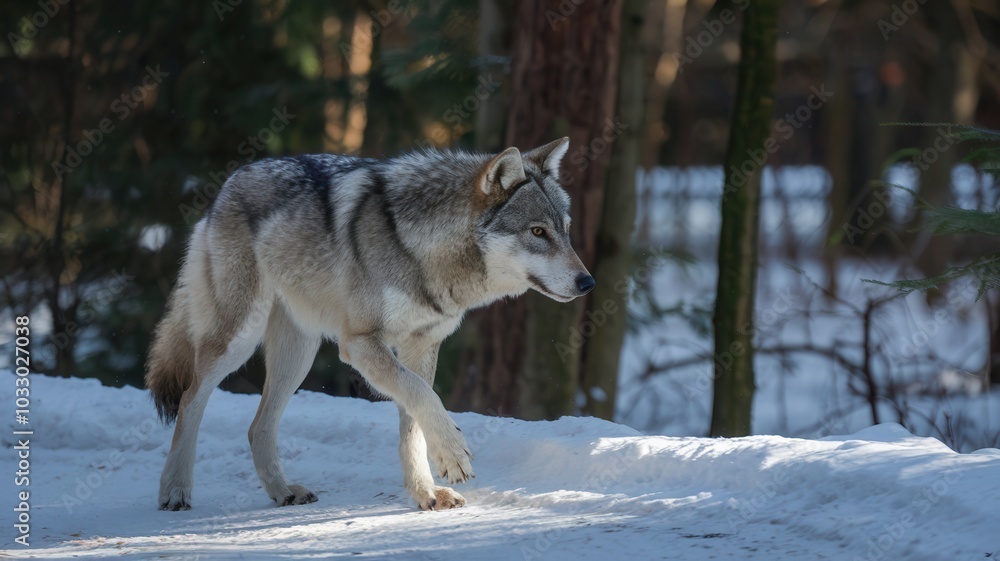 Fototapeta premium Grey wolf walking through the snow