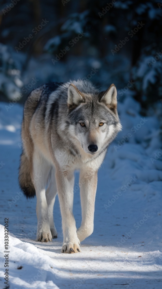 Fototapeta premium Wolf is walking through the snow