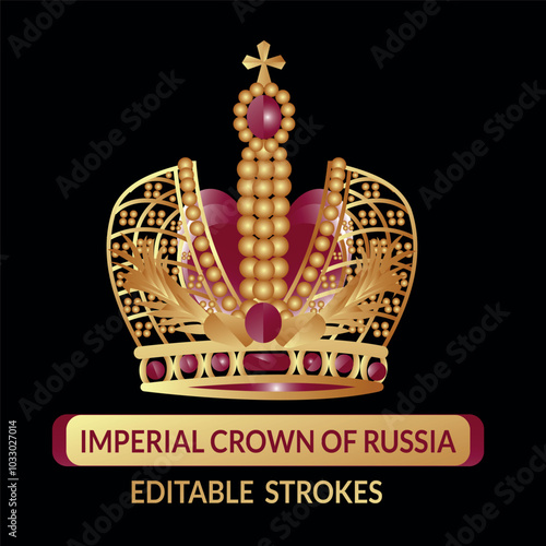 Czar Crown of Russia. Gold And Burgundy Color Black Background. Easy Changing Vector with Editable