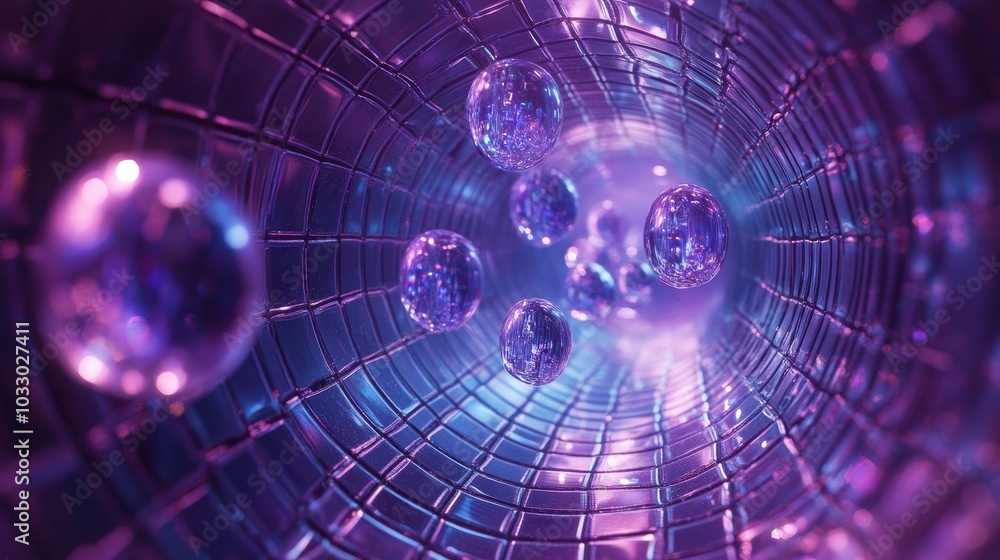 Obraz premium Iridescent capsules floating above a futuristic grid, casting reflections of shifting blue and purple hues, encased in a dynamic swirl of digital projections