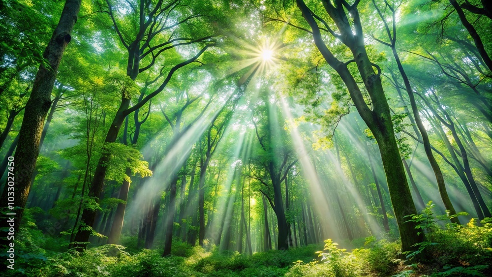 Obraz premium Sunlight Pierces the Canopy of a Lush, Verdant Forest, Bathing the Undergrowth in a Golden Glow
