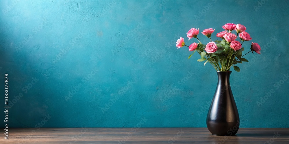 A black vase filled with pink roses sits on a dark wooden table against a vibrant teal wall. A black vase filled with pink roses sits on a dark wooden table against a vibrant teal wall.
