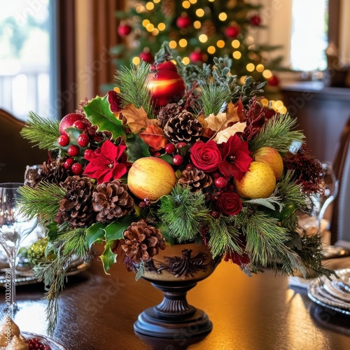 Festive autumn centerpiece with colorful flowers pinecones and seasonal fruits for holiday decoration ideas