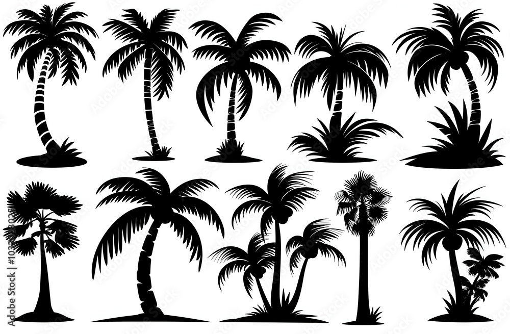 Fototapeta premium Palm tree set silhouettes in black color isolated on a white background