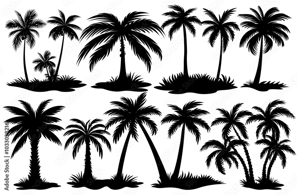Palm tree set silhouettes in black color isolated on a white background Palm tree set silhouettes in black color isolated on a white background