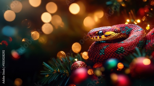 Colorful snake resting among Christmas decorations and lights.