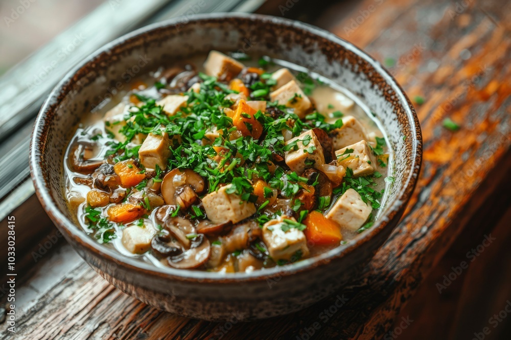 Bowl of Mushroom and Tofu Soup with Parsley Garnish Bowl of Mushroom and Tofu Soup with Parsley Garnish