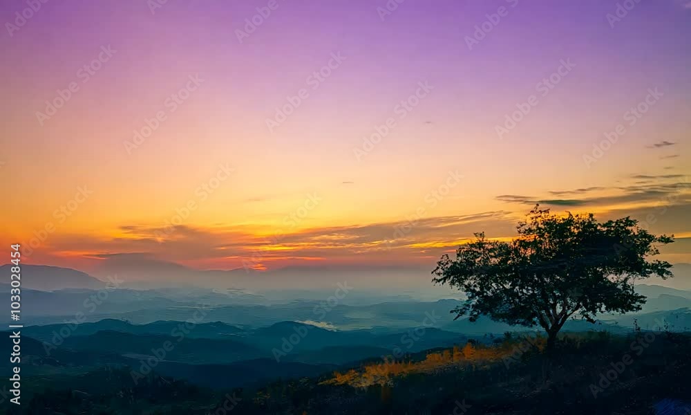 A vibrant sunset painting with a lone tree in the foreground and mountains in the background, painted in shades of pink, purple, orange, and yellow. A vibrant sunset painting with a lone tree in the foreground and mountains in the background, painted in shades of pink, purple, orange, and yellow.