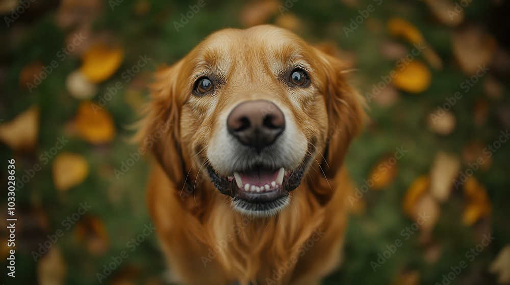 Obraz premium A closeup of a joyful golden retriever basking in lush green grass, capturing pure happiness and playful energy.