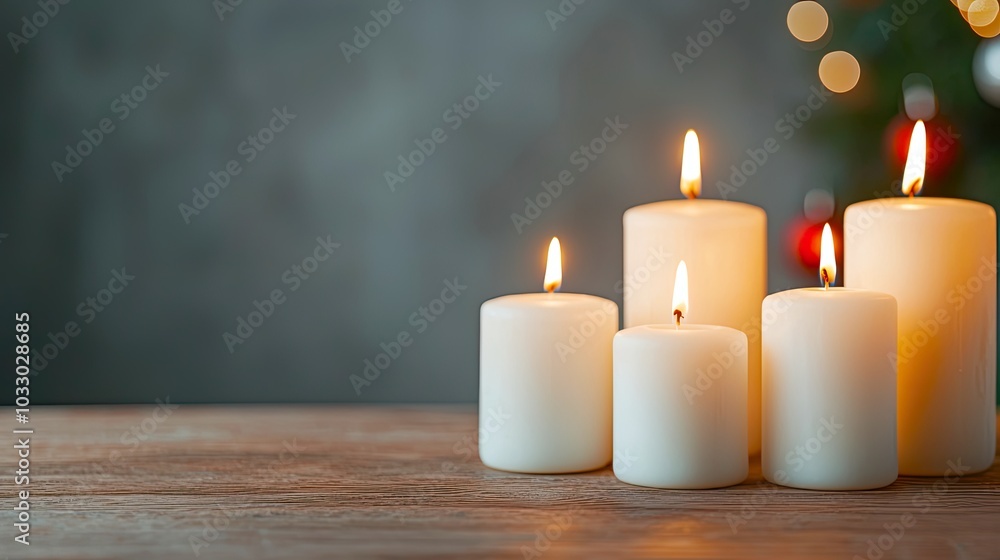 A serene arrangement of white candles, softly glowing with warm light, set against a muted backdrop, evokes a tranquil, festive atmosphere. A serene arrangement of white candles, softly glowing with warm light, set against a muted backdrop, evokes a tranquil, festive atmosphere.